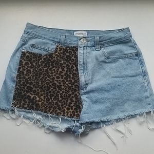 Thrifted leapord patched high waisted jean shorts